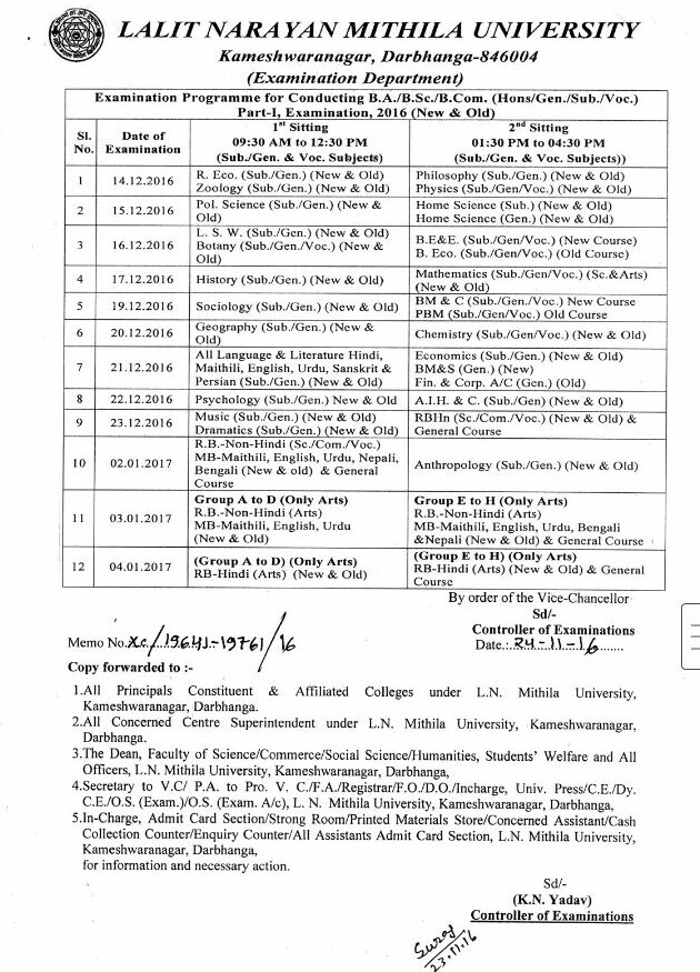 LNMU Part 1 Exam Schedule 2020 Mithila Univ 1-2-3 Part BA-BSc-BCom ...