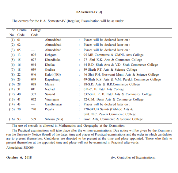 Gujarat University Time Table 2020 BA BSc www.gujaratuniversity