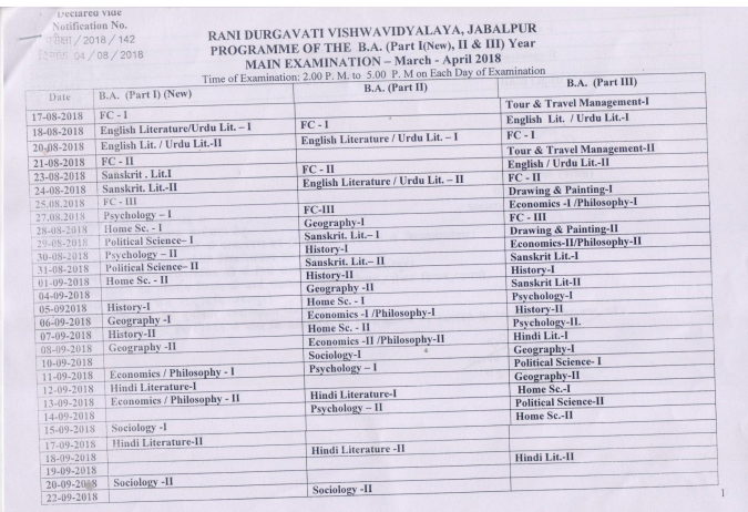 RDVV BCOM 3rd Sem Time Table 2020 RDVV Univ B.Com Sem-3 Date Sheet